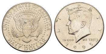 США 1/2 доллара (50 центов) 1995 D, Джон Кеннеди KM A202b медь плакированная медно-никелем aUNC 4382-712