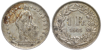Швейцария 1 франк 1945 KM 24 серебро 4178-645