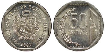 Перу 50 сентимо 2007 KM 307.4 медно-никель aUNC 4605-316