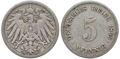 ГЕРМАНИЯ 5 ПФЕННИГОВ 1899 E, KM 11, J. 12 медно-никель 45-1116