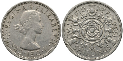 Великобритания 2 шиллинга (флорин) 1964 Елизавета II (1952-2022) KM 906, Spink 4146 медно-никель 82-936