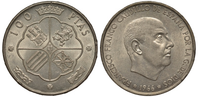 Испания 100 песет 1966 (68) Франсиско Франко (1939-1975) KM 797 серебро 633-411