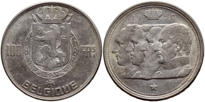 Бельгия 100 франков 1950 Belgique, королевская династия KM 138.1 серебро 633-633