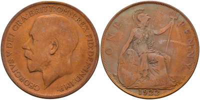 Великобритания 1 пенни 1922 Георг V (1910-1936) КМ 810, Spink 4051 бронза 4593-215