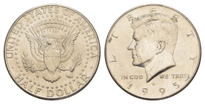 США 1/2 доллара (50 центов) 1995 D, Джон Кеннеди KM A202b медь плакированная медно-никелем aUNC 4382-712