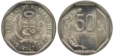 Перу 50 сентимо 2007 KM 307.4 медно-никель aUNC 4605-316