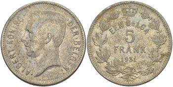 БЕЛЬГИЯ 5 ФРАНКОВ 1931 АЛЬБЕРТ I, DER BELGEN KM 98 никель 3851-336