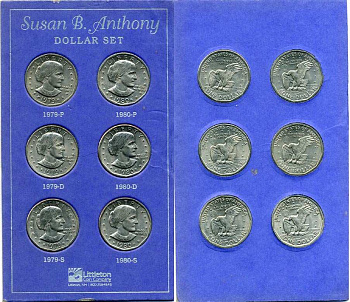 США НАБОР ИЗ 6 МОНЕТ ПО 1 ДОЛЛАРУ 1979-1980 ТИП СЬЮЗЕН ЭНТОНИ, ТРИ МОНЕТНЫХ ДВОРА, ФИЛАДЕЛЬФИЯ, ДЕНВЕР, САН-ФРАНЦИСКО KM 207 медь плакированная медно-никелем UNC 2-6-3-23