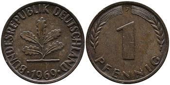 ФРГ 1 пфенниг 1969 J KM 105, J.380 сталь плакированная медью 99-311