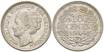 Нидерланды 10 центов 1944 Вильгельмина (1890-1948) KM 163 серебро aUNC 66-1262