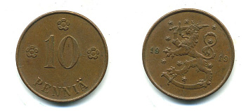 Финляндия 10 пенни 1919 KM 24 медь 41-717