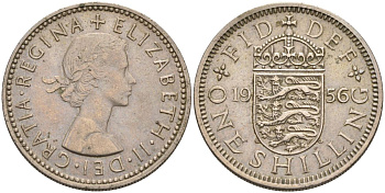Великобритания 1 шиллинг 1956 Елизавета II (1952-2022), Английский герб KM 904, Spink 4147 медно-никель 4116-835