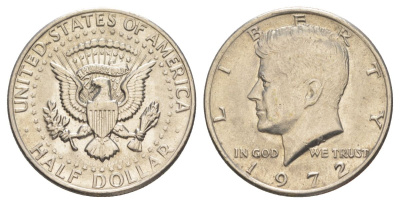 США 1/2 доллара (50 центов) 1972 Джон Кеннеди KM 202b медь плакированная медно-никелем aUNC 4140-541
