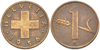 ШВЕЙЦАРИЯ 1 РАППЕН 1956 В KM 46 бронза 4532-333