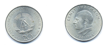 ГДР 20 марок 1971 A, 85 лет со дня рождения Эрнста Тельмана KM 34, J. 1535 медно-никель 3333-521