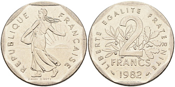 Франция 2 франка 1982 сеятель KM 942.1, Le Franc 272.6 никель 4587-1211
