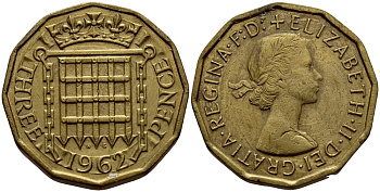 Великобритания 3 пенса 1962 Елизавета II (1952-2022) KM 900, Spink 4153 никель латунь 4393-1142