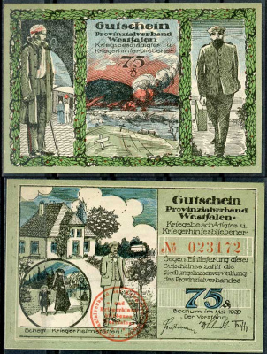 Германия, Бохум 75 пфеннигов 1920 нотгельд, возвращение с войны Li. 121, M 128.1 бумага UNC (пресс) 444-68-2-2