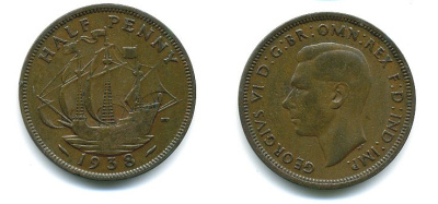 Великобритания 1/2 пенни 1938 Георг VI (1936-1952) KM 844, Spink 4115 4379-1423