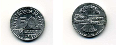 ГЕРМАНИЯ 50 ПФЕННИГОВ 1920 F KM 27, J. 301 алюминий 29-342