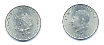 ГДР 20 марок 1971 A, 85 лет со дня рождения Эрнста Тельмана KM 34, J. 1535 медно-никель 3333-521