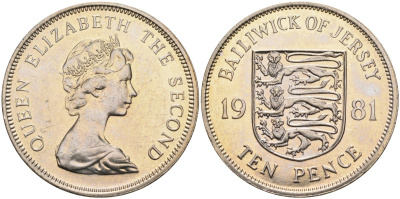 Джерси 10 пенсов 1981 герб, Елизавета II (1952-) KM 49 медно-никель UNC 4583-244