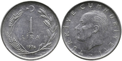 Турция 1 лира 1974 Мустафа Кемаль Ататюрк KM 889а.2 нержавеющая сталь 4178-1021