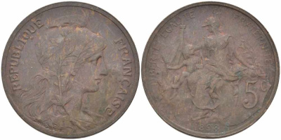 ФРАНЦИЯ 5 САНТИМОВ 1898 ТИП ДАНИЭЛЬ ДЮПЮИ KM 842, LE FRANC 119.5 бронза 108-814