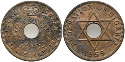 Нигерия 1 пенни 1959 Елизавета II (1952-), Британский протекторат KM 2 бронза 51-1733