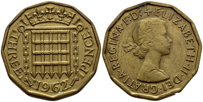Великобритания 3 пенса 1962 Елизавета II (1952-2022) KM 900, Spink 4153 никель латунь 4393-1142