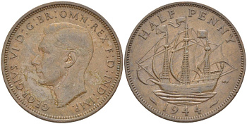 Великобритания 1/2 пенни 1944 Георг VI (1936-1952) KM 844, Spink 4115 бронза 41-616
