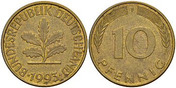 ФРГ 10 пфеннигов 1993 F J. 383, KM 108 сталь плакированная латунью    4603-647
