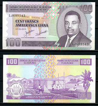 Бурунди 100 франков 2010 1 мая 2010, Prince Rwagasore Pick 44а бумага UNC (пресс) 6317-43-1-2