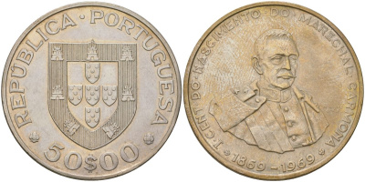 Португалия 50 эскудо 1969 INCM, 100 лет со дня рождения Ошкара Кармона KM 599 серебро aUNC 4552-1112