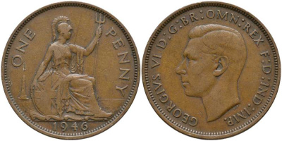 Великобритания 1 пенни 1946 Георг VI (1936-1952) КМ 845, Spink 4114 бронза 115-424