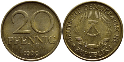 ГДР 20 пфеннигов 1969 А, первый год KM 11 латунь UNC 73-1314