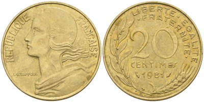 Франция 20 сантимов 1981 тип Марианна KM 930 медь алюминий никель 4116-534