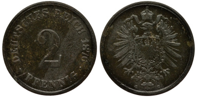 ГЕРМАНИЯ 2 ПФЕННИГА 1876 J, СТАРОГЕРБОВКА KM 2, J.2 медь 413-6021