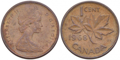 Канада 1 цент 1968 Елизавета II (1952-2022), кленовый лист KM 59.1 бронза 3457-1254