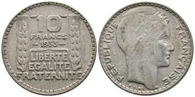 Франция 10 франков 1933 Пьер Тюрен KM 878, Le Franc 360.6 серебро 62-135