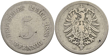 ГЕРМАНИЯ 5 ПФЕННИГОВ 1888 D, СТАРОГЕРБОВКА KM 3, Jager 3, Weege 5 медно-никель 4546-1054