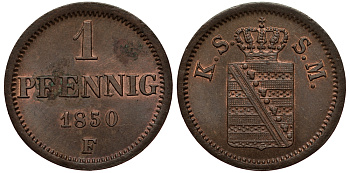 Саксония 1 пфенниг 1850 Фридрих Август II (1797-1854), из коллекции Gerhart Rother KM 1155, AKS 112, J. 79 медь aUNC 413-4742