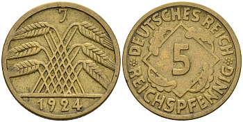 Германия 5 рейхспфеннигов 1924 J KM 39, J. 316 алюминиевая бронза    4596-314