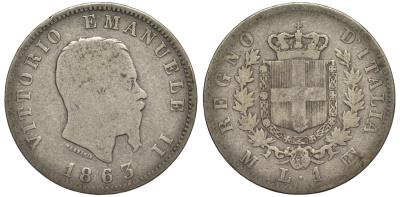 Италия 1 лира 1863 M-BN, Виктор Эммануил II KM 5a.1 серебро 27-1257