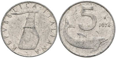 Италия 5 лир 1974 R, дельфин, руль KM 92 алюминий 4567-719