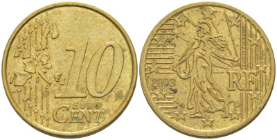 Франция 10 евроцентов 2003 KM 1285 латунь 216-1147