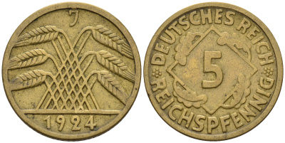 Германия 5 рейхспфеннигов 1924 J KM 39, J. 316 алюминиевая бронза    4596-314
