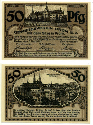 Прюм 50 пфеннигов 1921 1 мая 1921, нотгельд, земля Рейнланд-Пфальц Grabowski 1079.1 бумага 2195-20-3-1