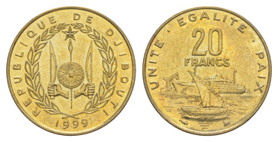 Джибути 20 франков 1999 KM 24 медь алюминий никель UNC 4652-1015