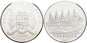 Бенин 1000 франков 1993 парусник "Preussen", тираж 100 экз. KM 10 серебро UNC 00-000-00